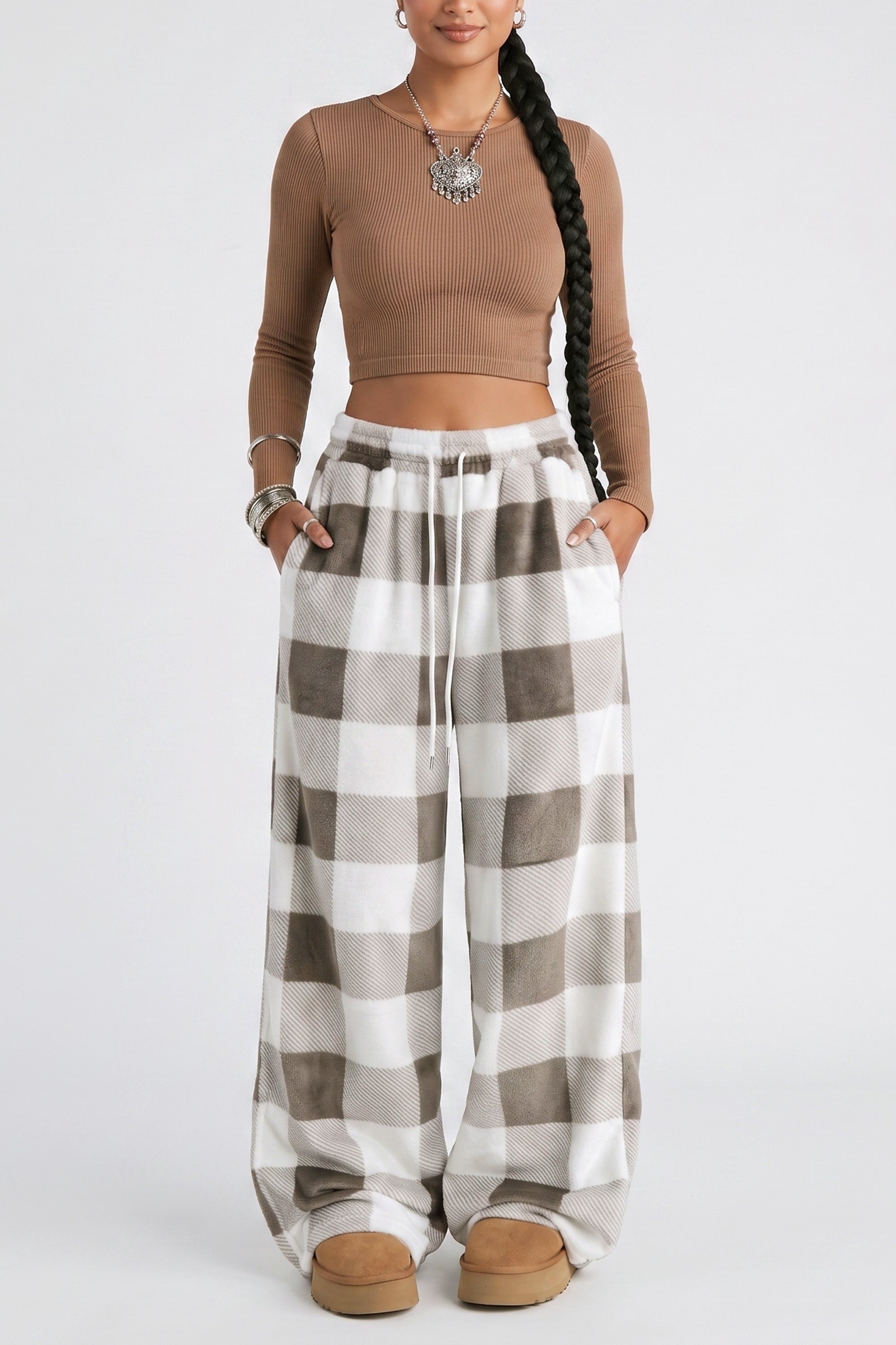 Coffee Plaid Wide Casual Pant