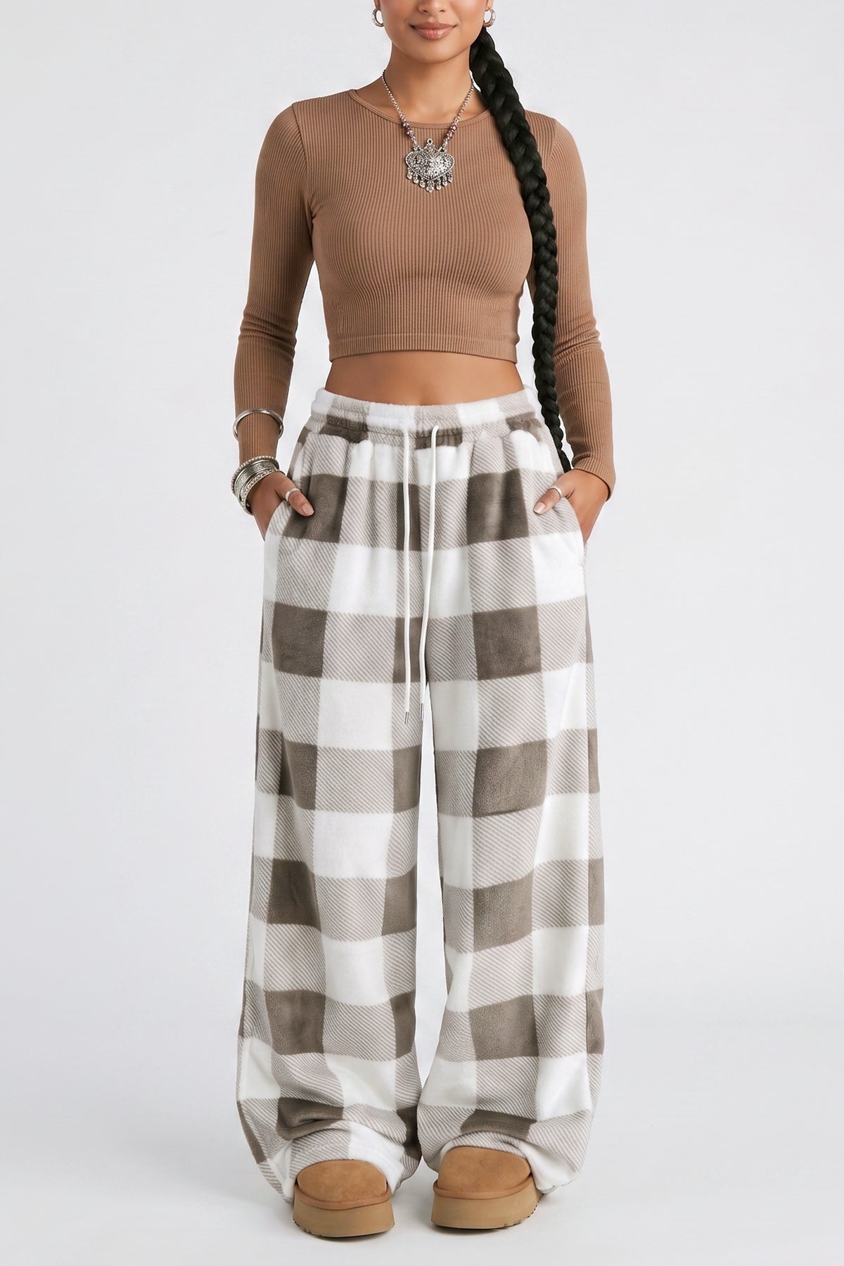 Coffee Plaid Wide Casual Pant