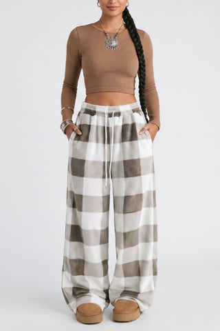 Coffee Plaid Wide Casual Pant